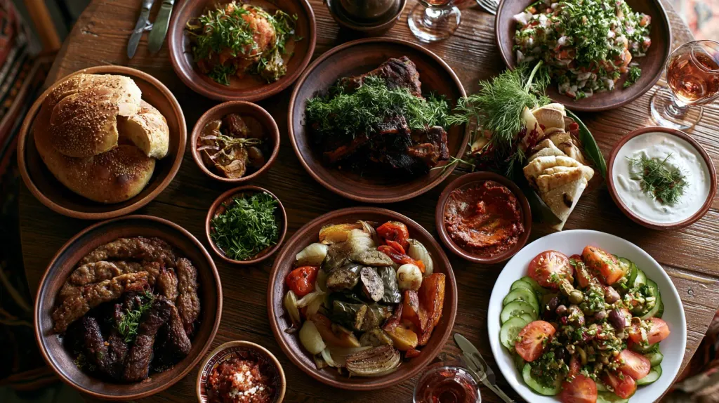 Грузинское застолье сверху: жареное мясо, люля-кебаб, овощи, зелень и хлеб