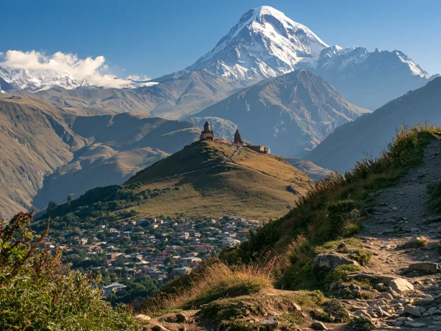 Gergeti Trinity Church above Stepantsminda with Mount Kazbek behind, from the trail