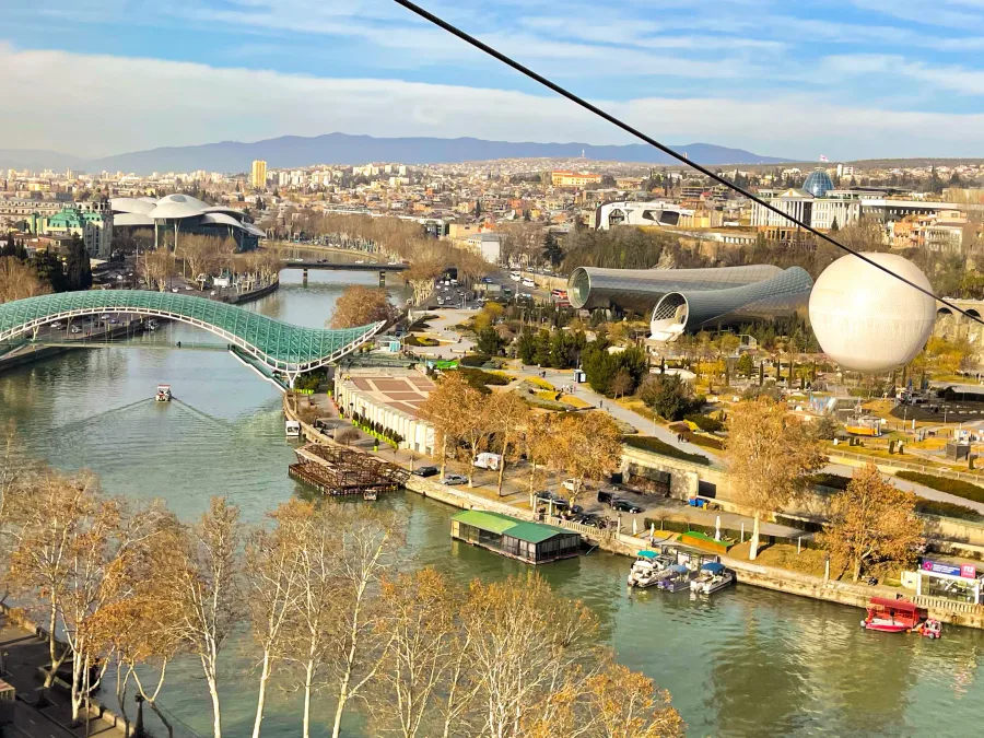 The Bridge of Peace and Rike Park in Tbilisi from the cable car