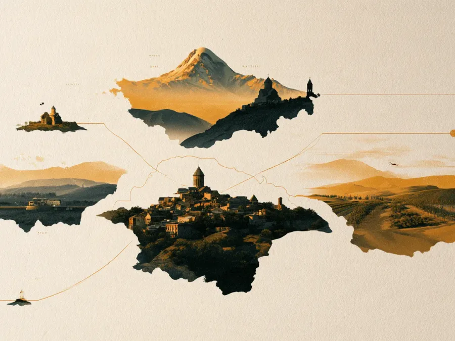 Illustration of a Georgia itinerary: Mount Kazbek, a hilltop church and an old town