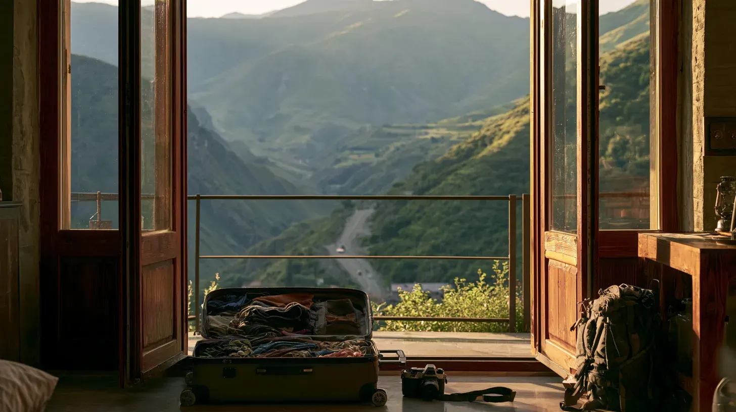 An open suitcase by a balcony overlooking a mountain road