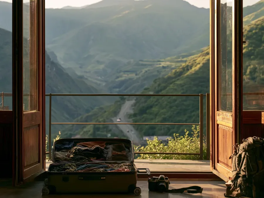 An open suitcase by a balcony overlooking a mountain road